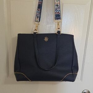 Glass Ladder & Co. Navy Tote Bag with Decorative Strap and Gold Accents